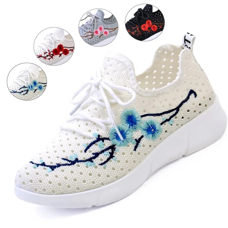 

Female Net Shoes Ladies Casual Sports Shoes Embroidered Flying Woven Shoes Flat Bottom Breathable New Women's Single Shoes