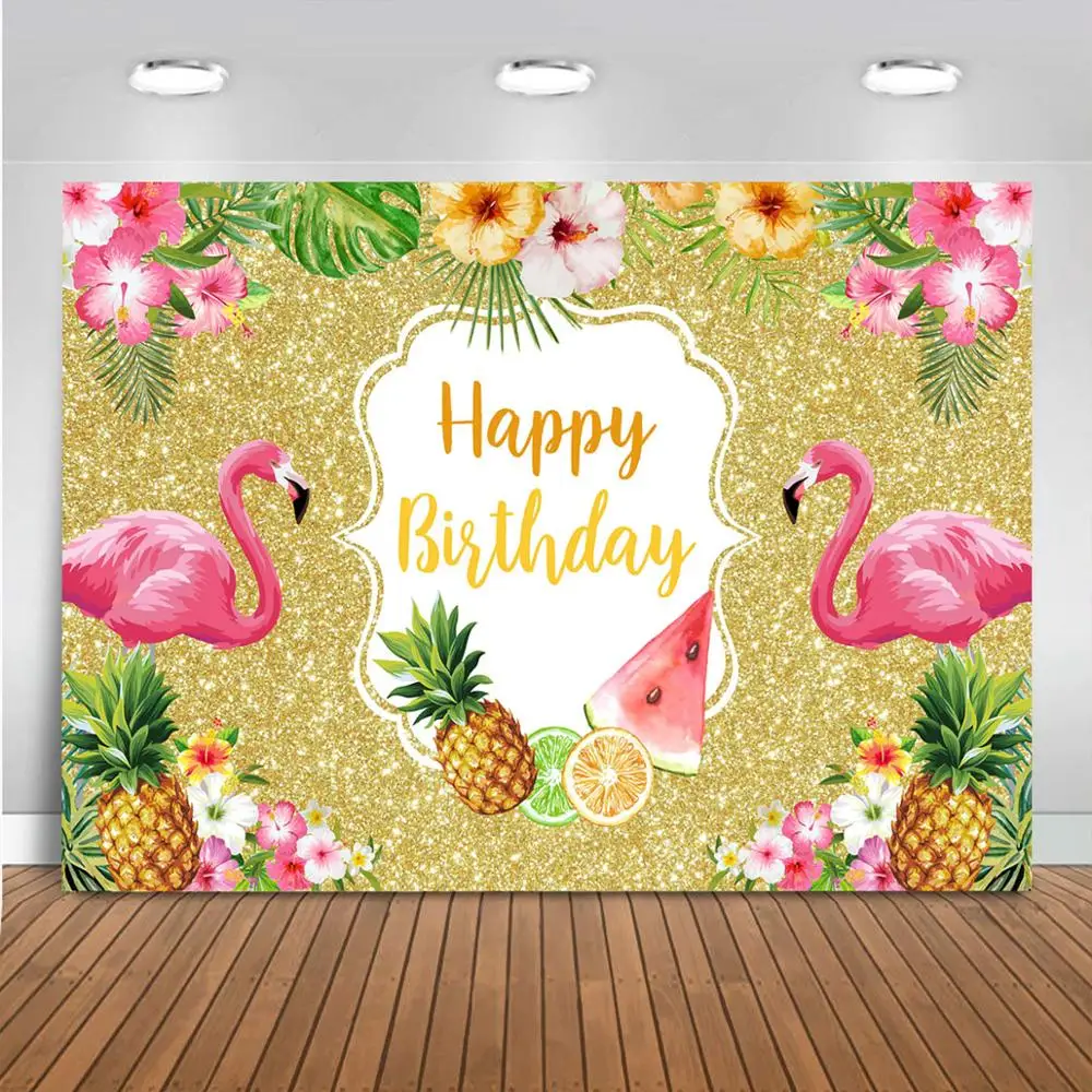 Фламинго на день рождения фон с тропическим цветочным блеск Золотой Фон