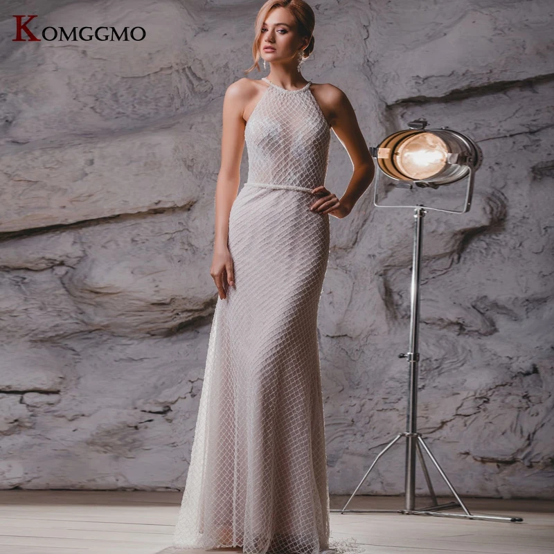 

2022 New Arrival Halter Neck Sleeveless Court Train Mermaid Wedding Dress Elegant Button Back Embroidery Appliques Bridal Gown
