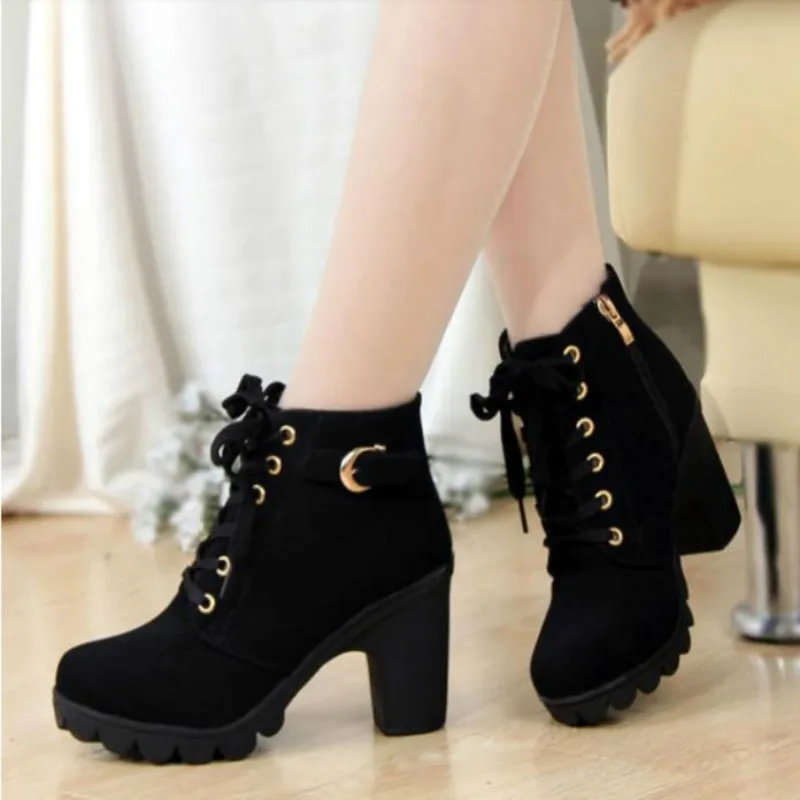 

High quality woman boots fashion thick heel motorcycle female black Martin boots shoes zapatos mujer ankle platform punk