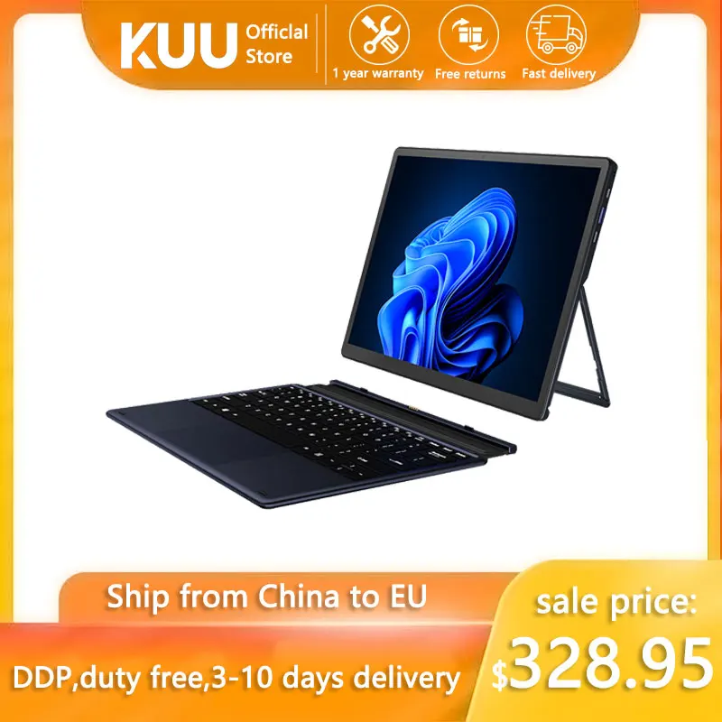 Get KUU Metal 12 Inch 2K Touch Screen 2 in 1 Laptop Intel Celeron Quad Core LPDDR4 8GB 256GB SSD Storage Windows 10 Dual WiFi Type C