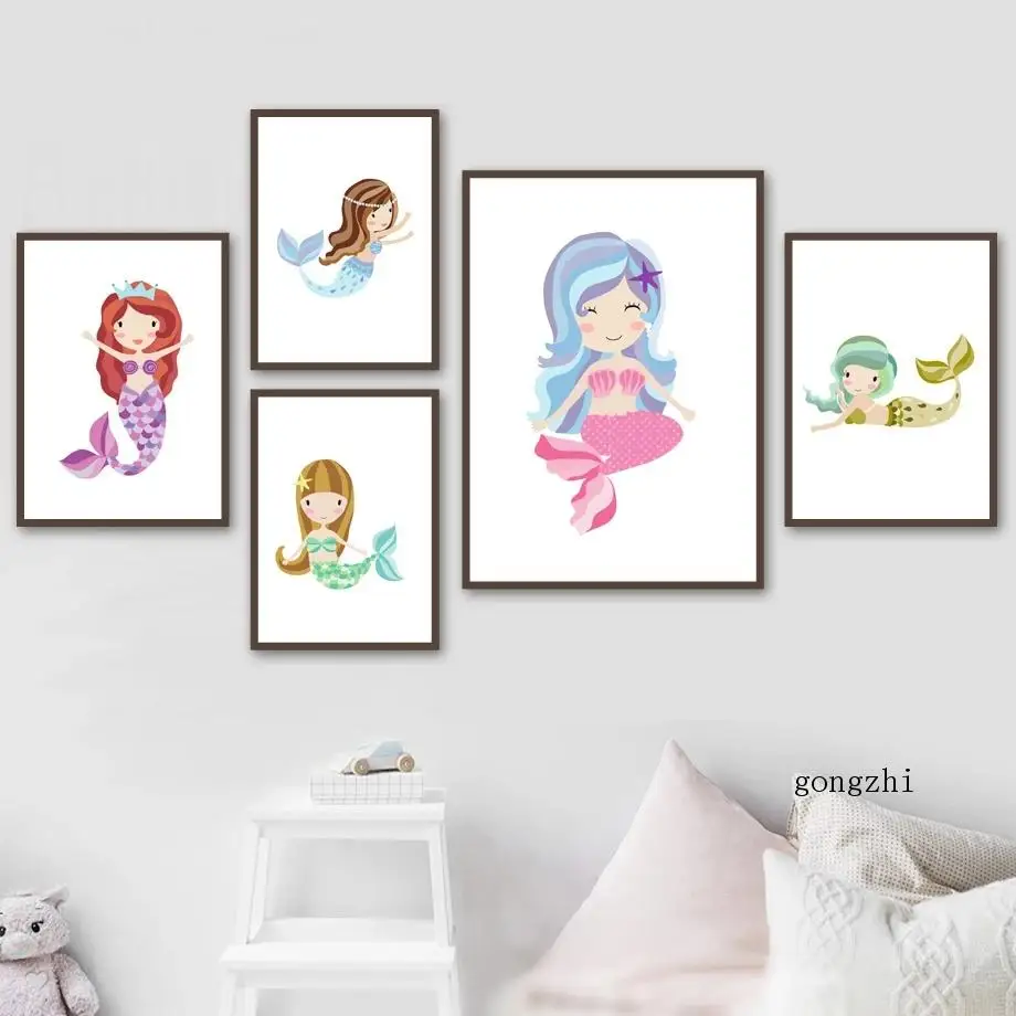 Фото Постеры в скандинавском стиле с изображением милой принцессы-русалки красочная