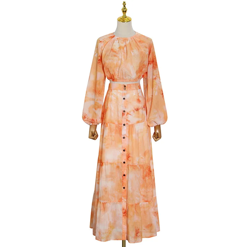 

2021 Summer New Womens Skirt Suit O-Neck Lantern Sleeve Tie Dye Top High Waist Long Length Swing Skirt Two-piece Suit