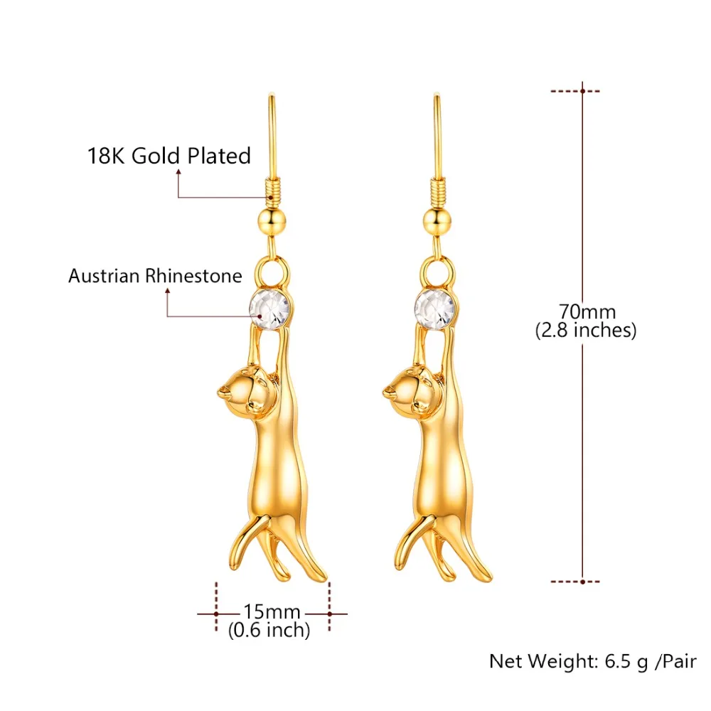 U7 Милый Кот Висячие Серьги Для Женщин Ювелирные Изделия Стразы Позолоченные