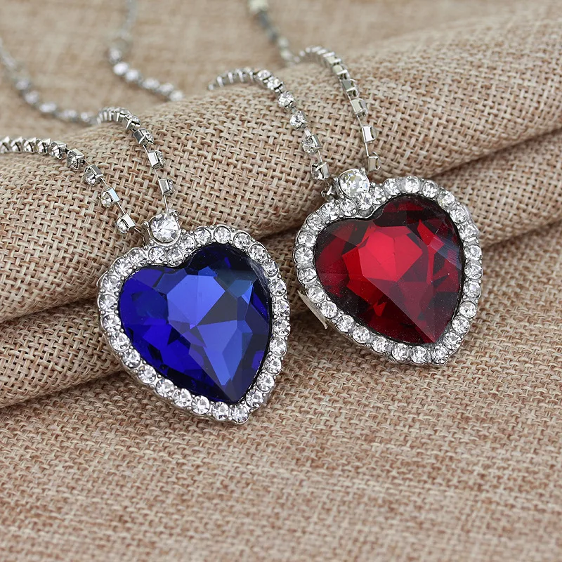 

ZXMJ Ocean Heart Pendant Necklaces Titanic Crystal Rhinestone for Valentine's Day women men Blue Red Crystal Chain Necklaces