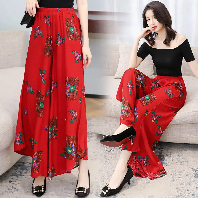 

2020 New Women's Skirt Pants Ethnic Style Fashion Flower Trouser Summer Casual Cotton Linen Large Size Loose Wide Leg Pants r162