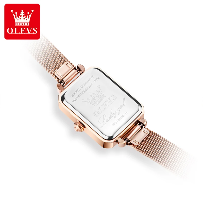 OLEVS Women Watch Fashion Square Women Quartz Watch Green Dial Simple Rose Gold Mesh Strap Luxury Womens Watches Waterproof 6624