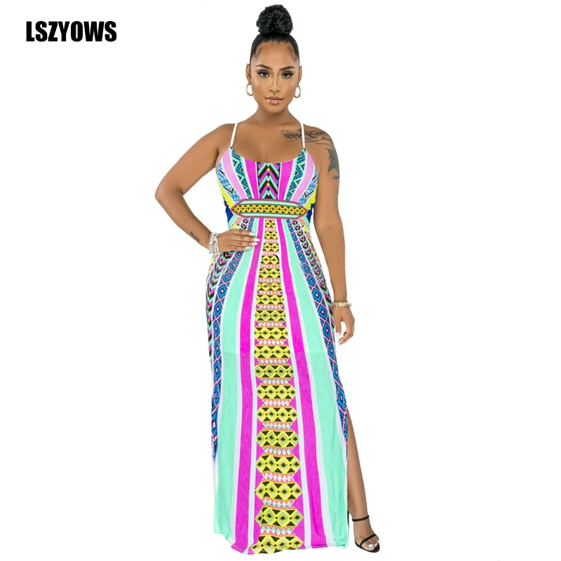 

Spaghetti Strap Sexy Summer Maxi Dress 2021 Women Back Hollow Out Slit Long Party Dress Sleeveless Vintage Print Bodycon Dresses