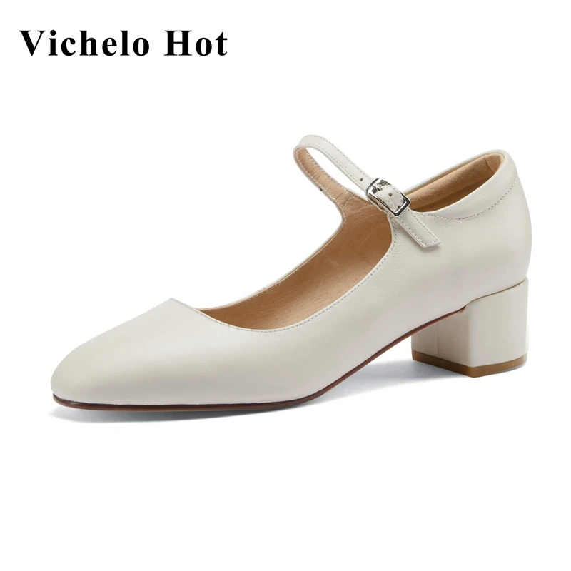 

Vichelo Hot hot genuine leather shallow square toe med heels daily wear sweet vintage high fashion buckle straps women pumps L91