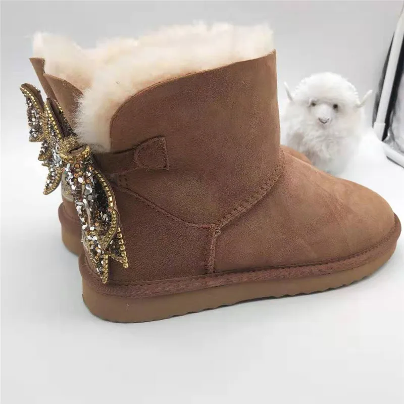 Blinging/; красивые женские зимние ботинки из натуральной овечьей кожи с бантом; женские ботинки на натуральном меху; теплые зимние ботинки с шерстью