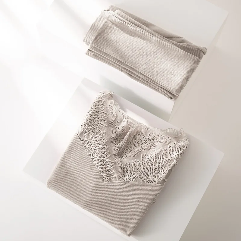 Light Grey Новые сексуальные кружевные кальсоны с v-образным вырезом для тела, женские тонкие комплекты термобелья, осенне-зимние теплые пижамы, Пижамный костюм - Цвет: Light Grey