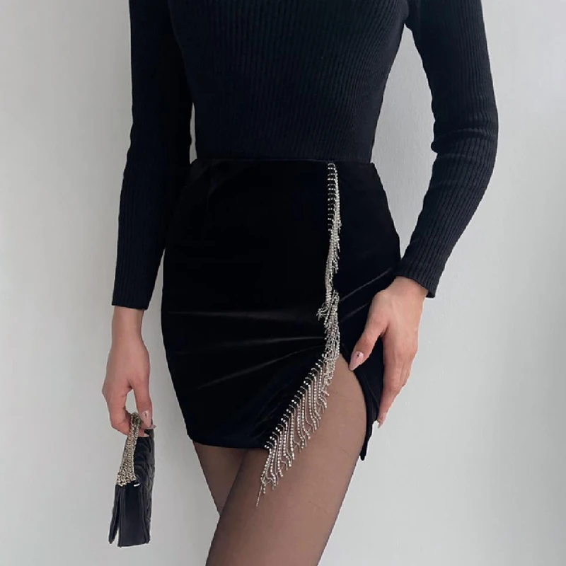 

hirigin 2021 Autumn Black Velvet Pencil Skirt Side Tassel Split Elegant Costume Sexy High Waist Mini Skirts Women Club Outfits