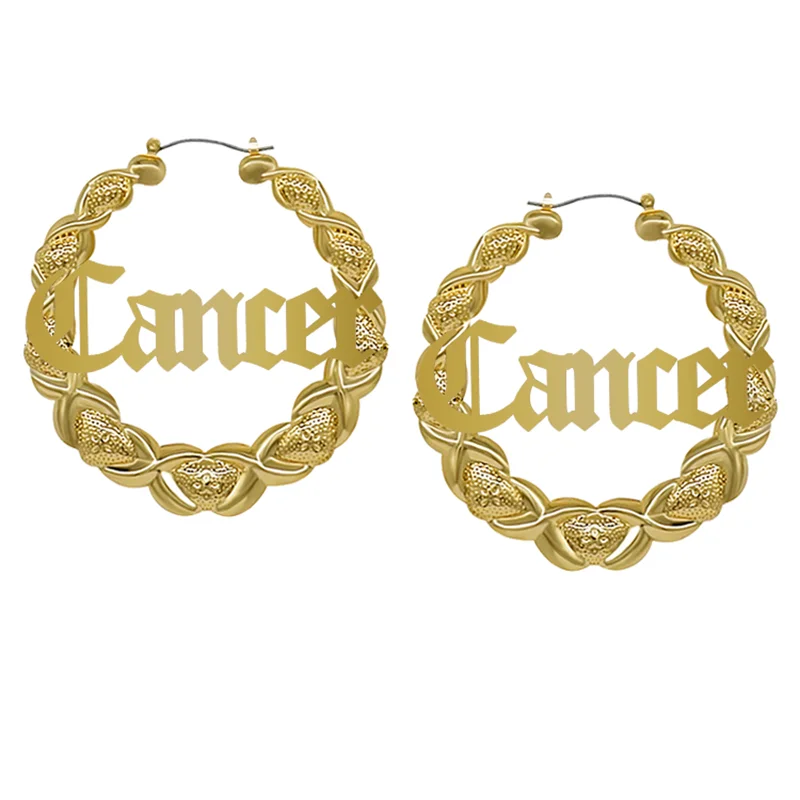 Custom Name 14k Gold Plated Old English Font Personalized Custom 12 Zodiac Name Horoscope xoxo Bamboo Large Size Hoop Earrings