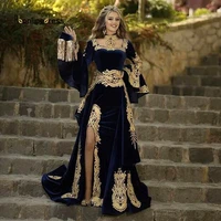bbonlinedress moroccan caftan evening dress 2022 remove skirt appliques gold lace long sleeve mermaid velvet prom celebrity gown