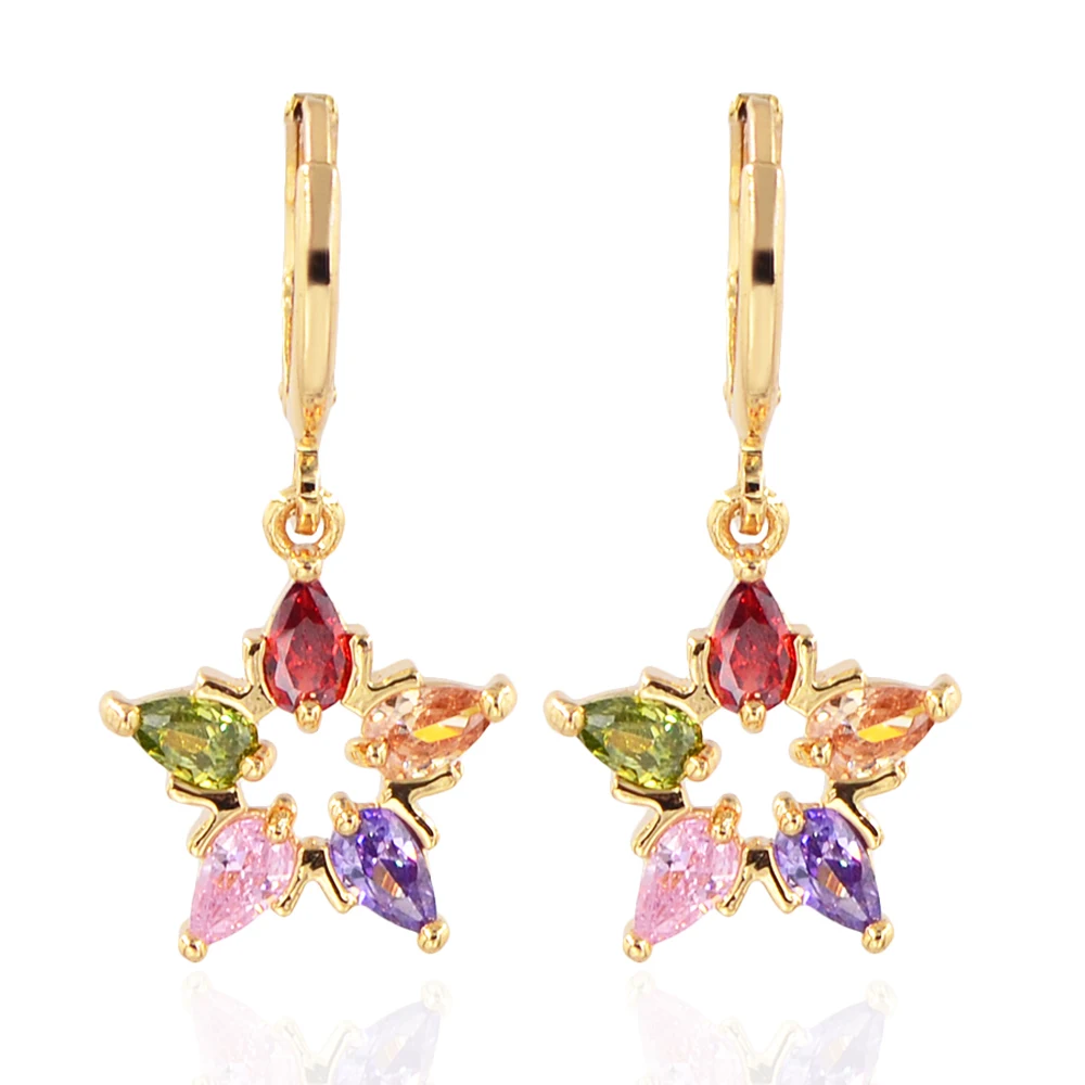 Женские Разноцветные серьги подвески с фианитом золотые в форме звезды