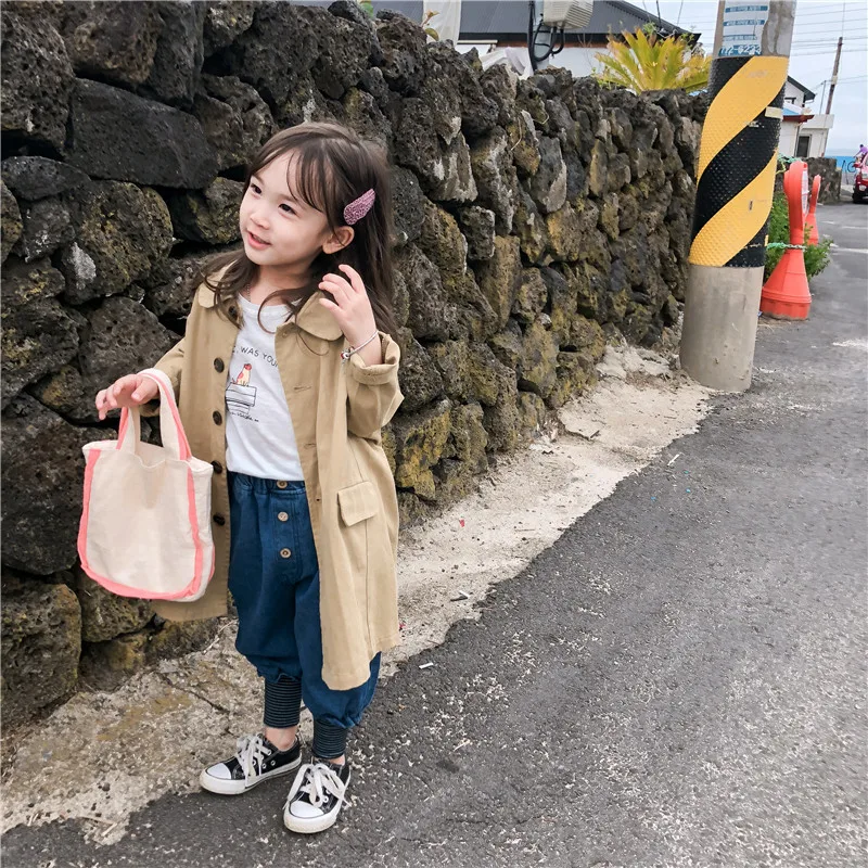 Модный тренчкот для девочек пальто цвета хаки хлопковые однотонные длинные с