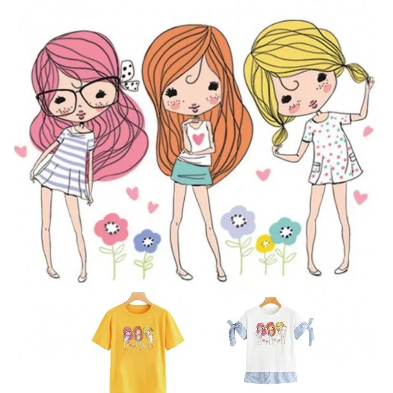 

Beauty Flower Sister Girls Iron On Patches For DIY Heat Transfer Clothes T-Shirt Thermal Stickers Decoration Printing