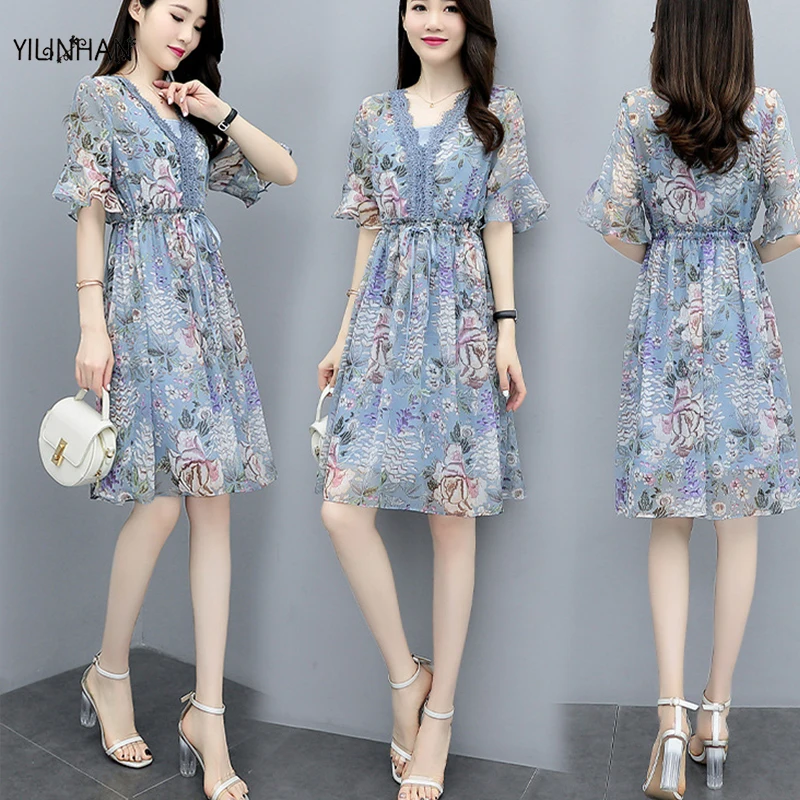 

YILINHAN Summer 2021 New V-neck Mid-length Fashion Trendy Women's Dress Embroidery Retro Slim Short-sleeved Dress