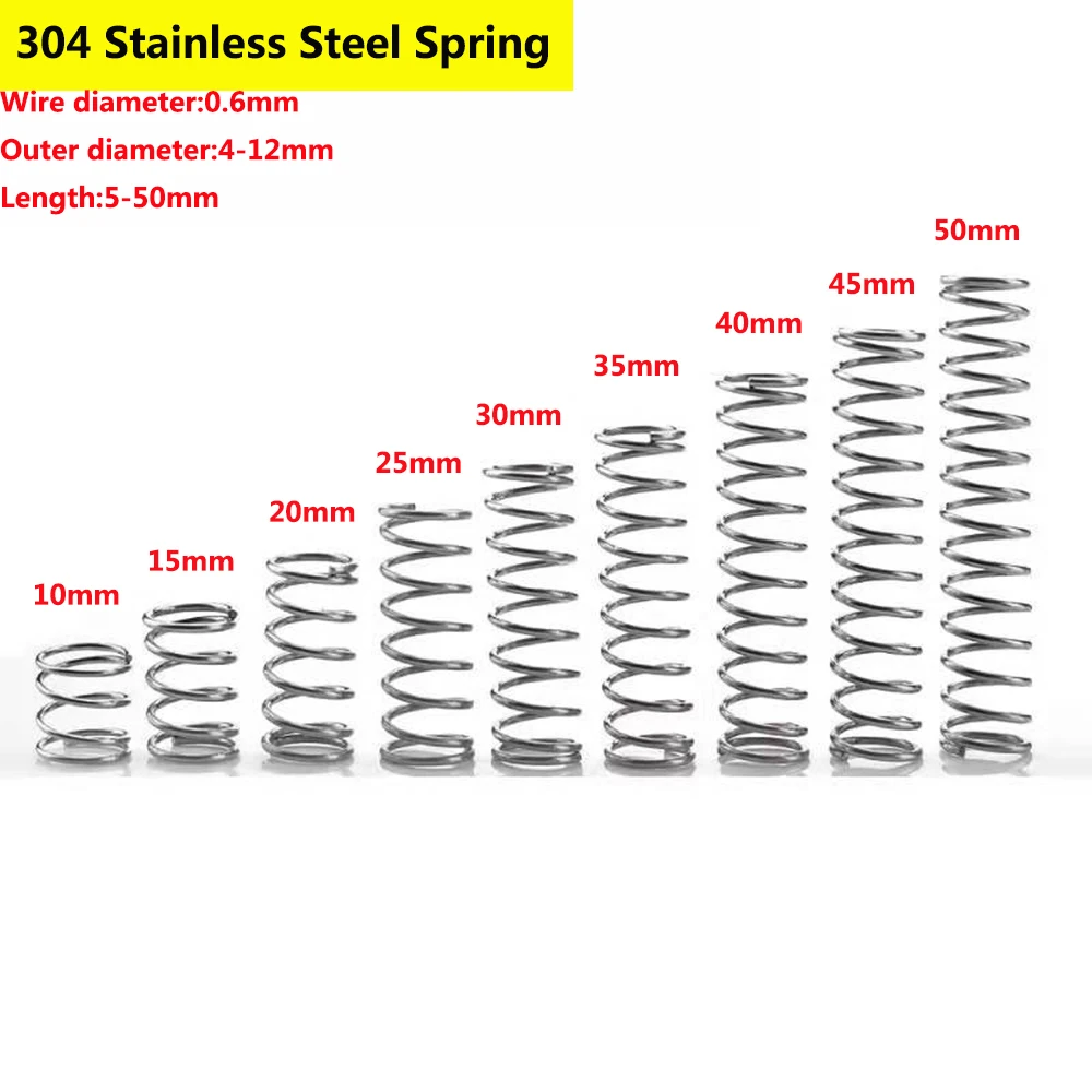 

304 Stainless Steel Compression Spring Return Pressure Spring Wire Diameter 0.6mm Outer Dia 4/5/6/7/8/9/10/11/12mm Length 5-50mm