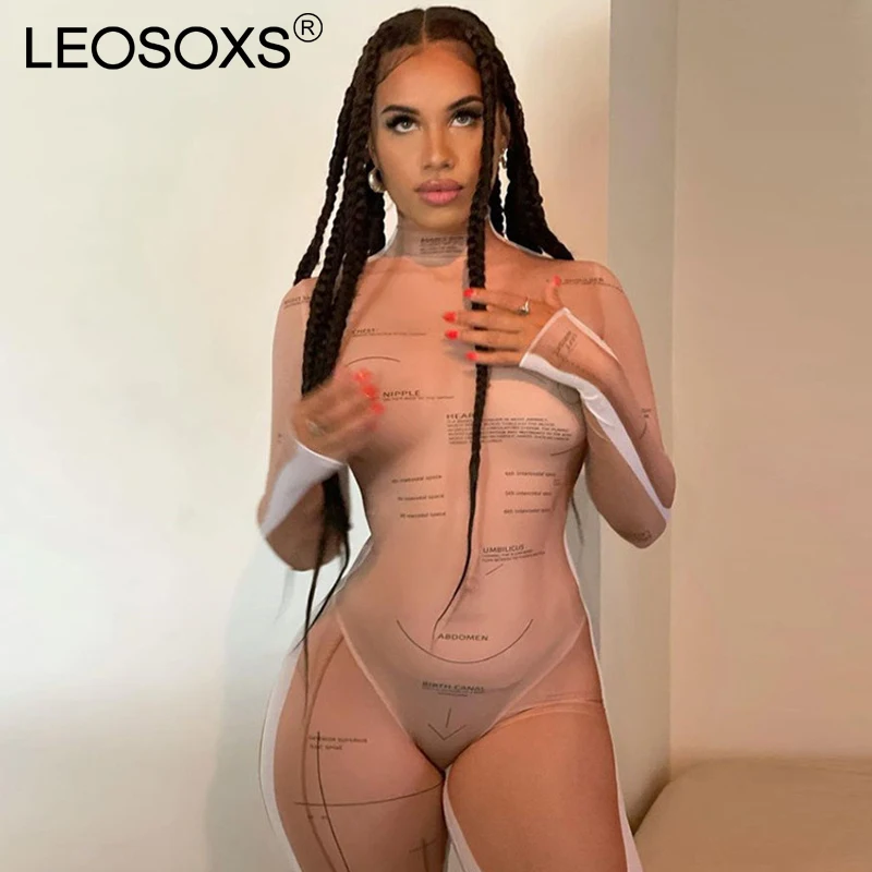 

Sexy Skinny Tulle See Through Rompers Womens Jumpsuit 2021 Club Outfits For Women Solid Festival Clothes Slim Jumpsuits Autumn