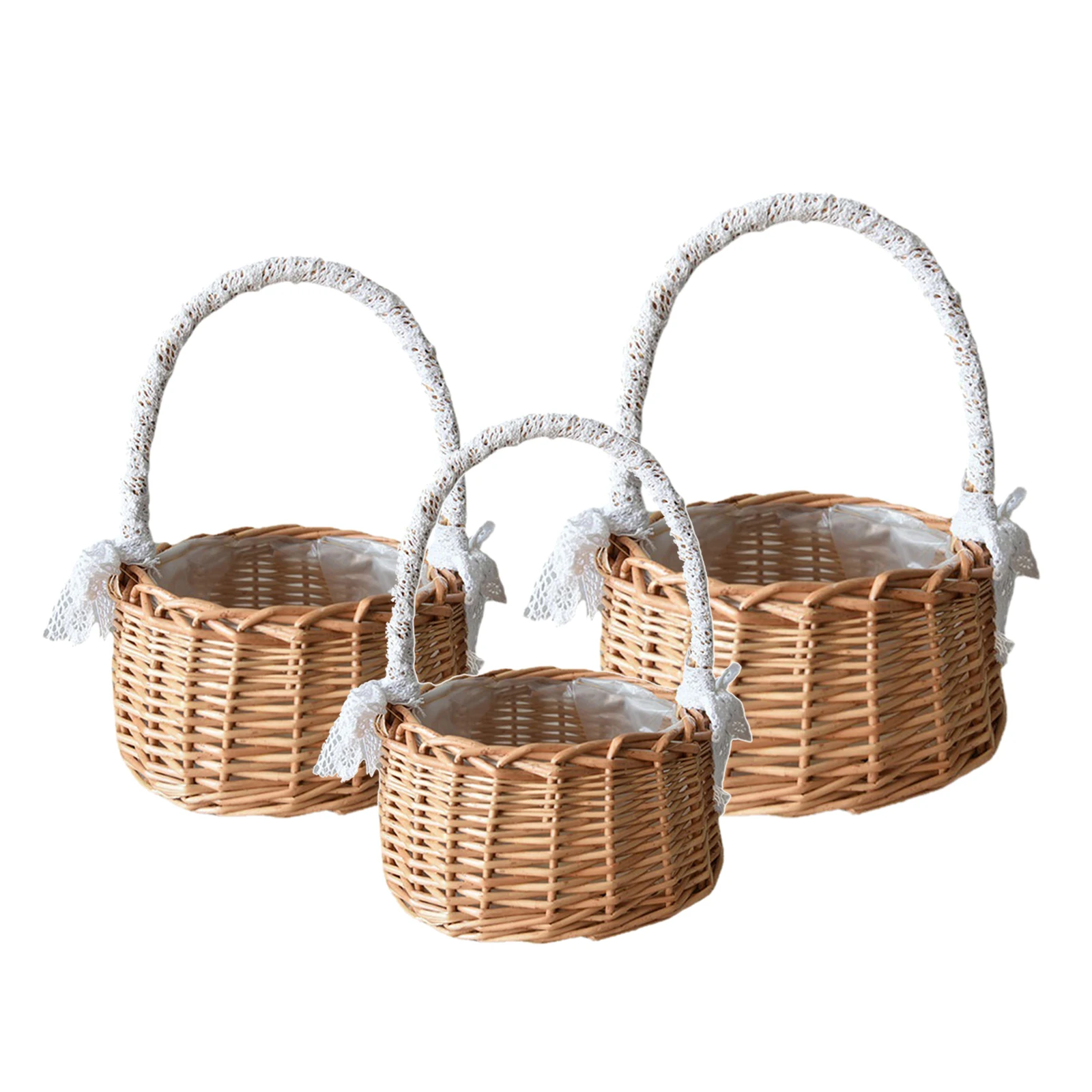 

Handmade Rattan Storage Basket with Handles Lace Bow Decoration Picnic Wedding Flower Girl Gifts Wicker Indoor Outdoor