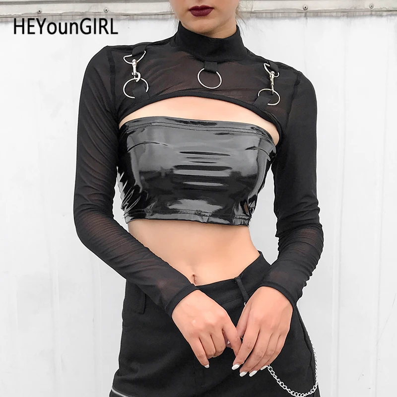 HEYounGIRL Harajuku черная сетчатая короткая футболка женская панк готическая