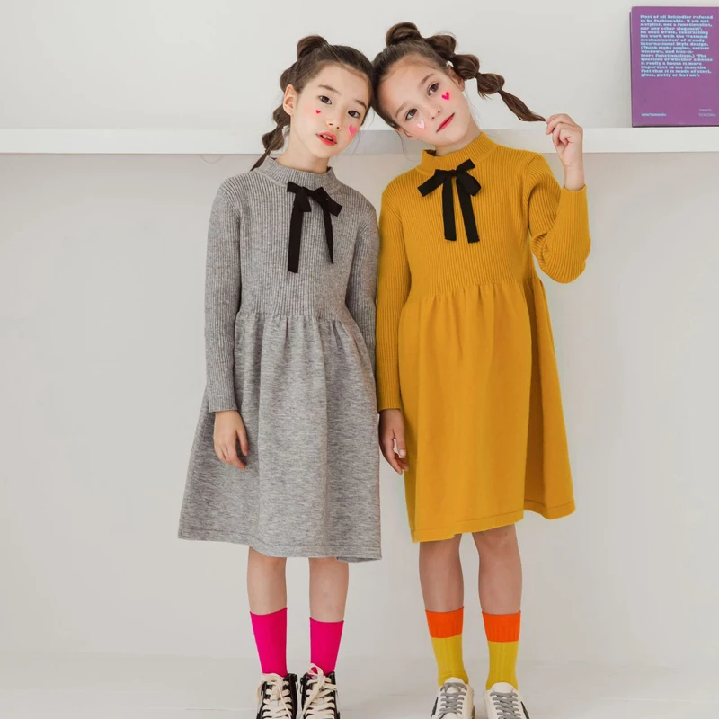 

Teenage Girl Simple Casual Crew Neck Knitted Dress Long Sleeve Solid Bow Tie Dresses Children Winter Thick Bottom Clothings