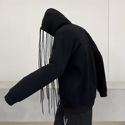 Large spring-style small crowd wearing rope ribbon design loose hoodie jacket fashion men's abstinence-wearing hoodie jacket