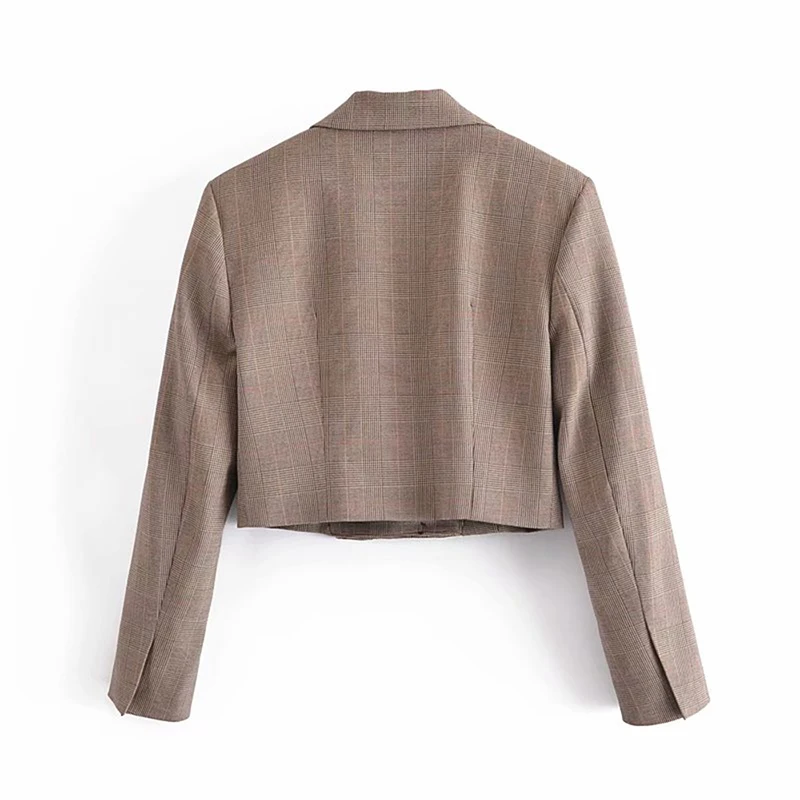 

XEASY Women 2021 Fashion Single Button Cropped Check Blazer Coat Vintage Long Sleeve Female Outerwear Chic Femme Veste