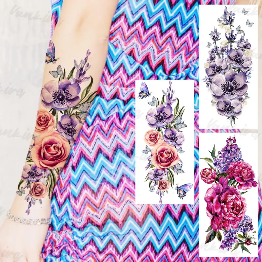 

Временные татуировки для женщин, акварель, роза, цветок, Реалистичная Лаванда, Бабочка, искусственная тату-наклейка, тату на предплечье, тал...