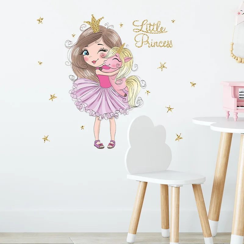 

Cartoon Little Princess and Unicorn Wall Stickers Vinyl Decorative Wall Decals Baby Girl Bedroom Decoration Nursery Mural Poster