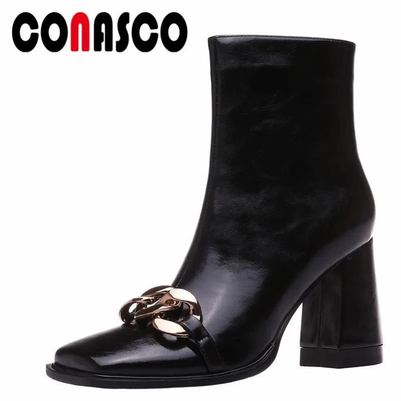 

CONASCO New Retro Women Ankle Boots Autumn Winter Warm Cow Leather Night Club Prom Boots Metal Decoration High Heels Woman