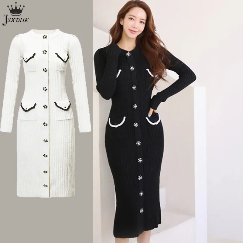 

2021 Autumn Elegant Knitted Dress Women O-Neck Single-breasted Diamond Button Sweater Dress Korean Temperament Slim Midi Dress