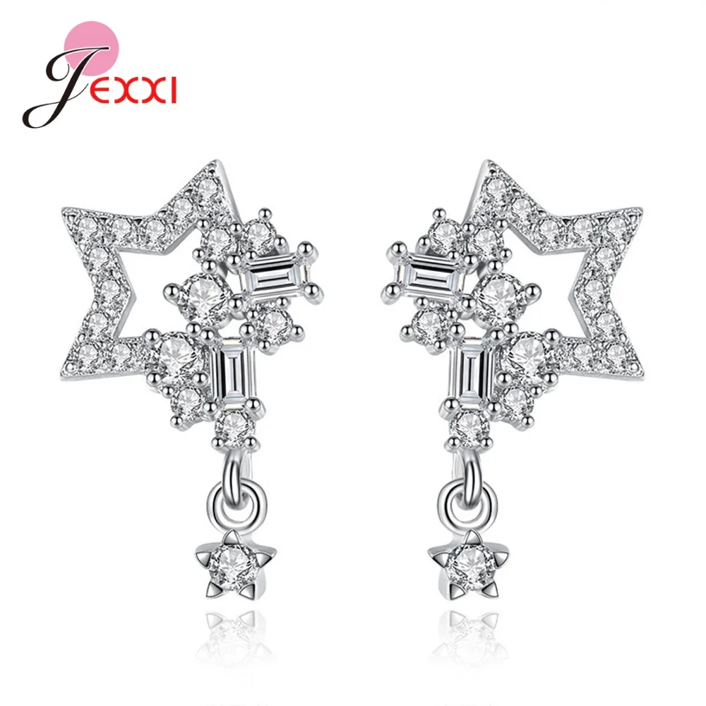 925 Sterling Silver Statement Earrings Cubic Zirconia Stone Inlay Paved Setting Star Hanging Dangle Modern Ear Brincos Jewelry | Украшения