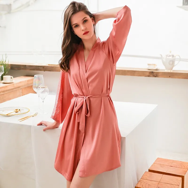 

Women Silky Robe Kimono Gown Spring Summer Nightgown Bathrobe Casual Sleepwear Loose Home Dressing Gown Sexy Nightwear Homewear