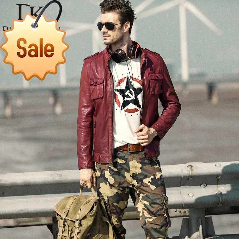 

Мужская мотоциклетная куртка из натуральной овечьей кожи, черного/Красного вина