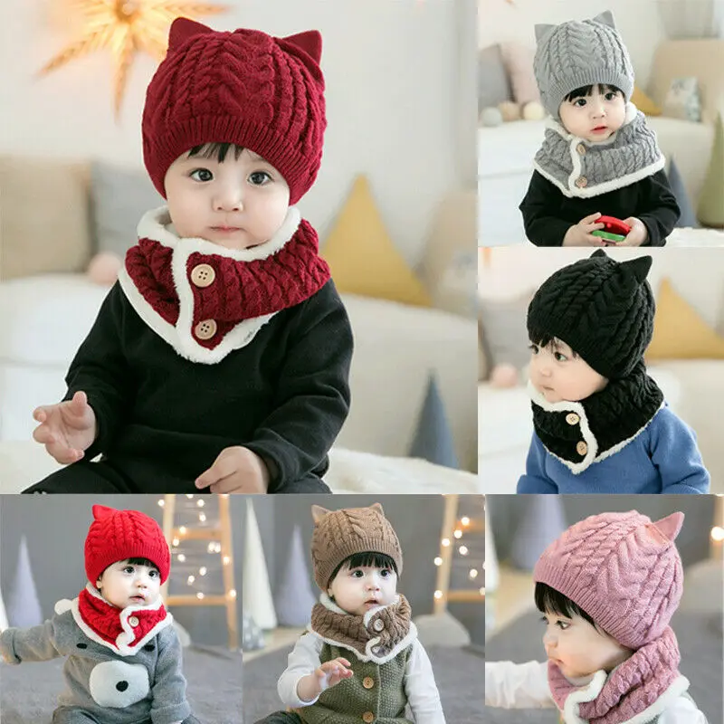 Детский комплект из 2 предметов теплая вязаная шапка с кошачьими ушками и шарфом