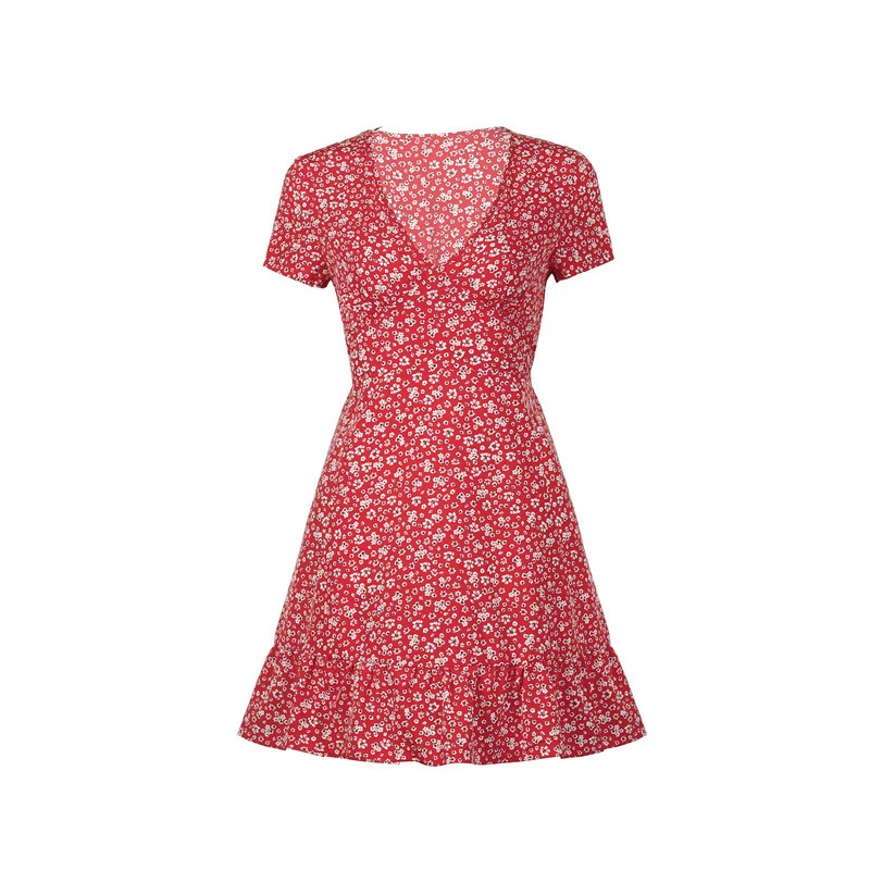 

2021 New Summer Sexy Fashion Beach Dress For Women V-Neck Print Floral Dots Stitching Ruffles Mini Dress Short-Sleeved Dress