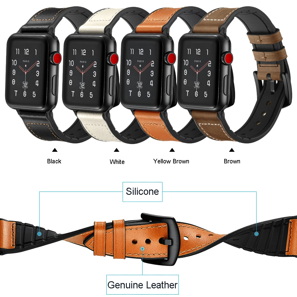 

BEAFIRY Genuine Leather Sport Strap For Apple Watch Band 38mm 42mm Silicone Rubber Watchbands for iwatch 4/3/2/1 40mm 44mm Belt
