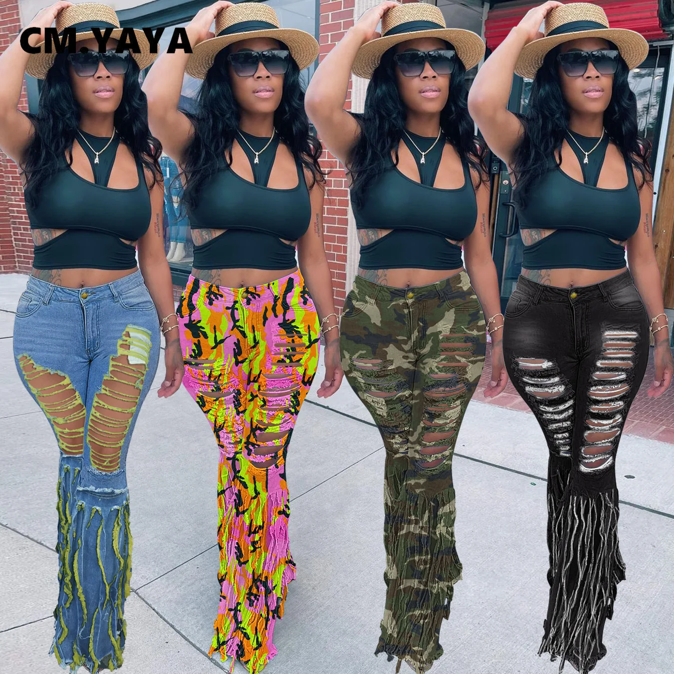 

CM.YAYA Women Hole Cut Out Camouflage High Waist Jeans Streetwear Sexy Hollow Out Tassel Hem Flare Denim Pants