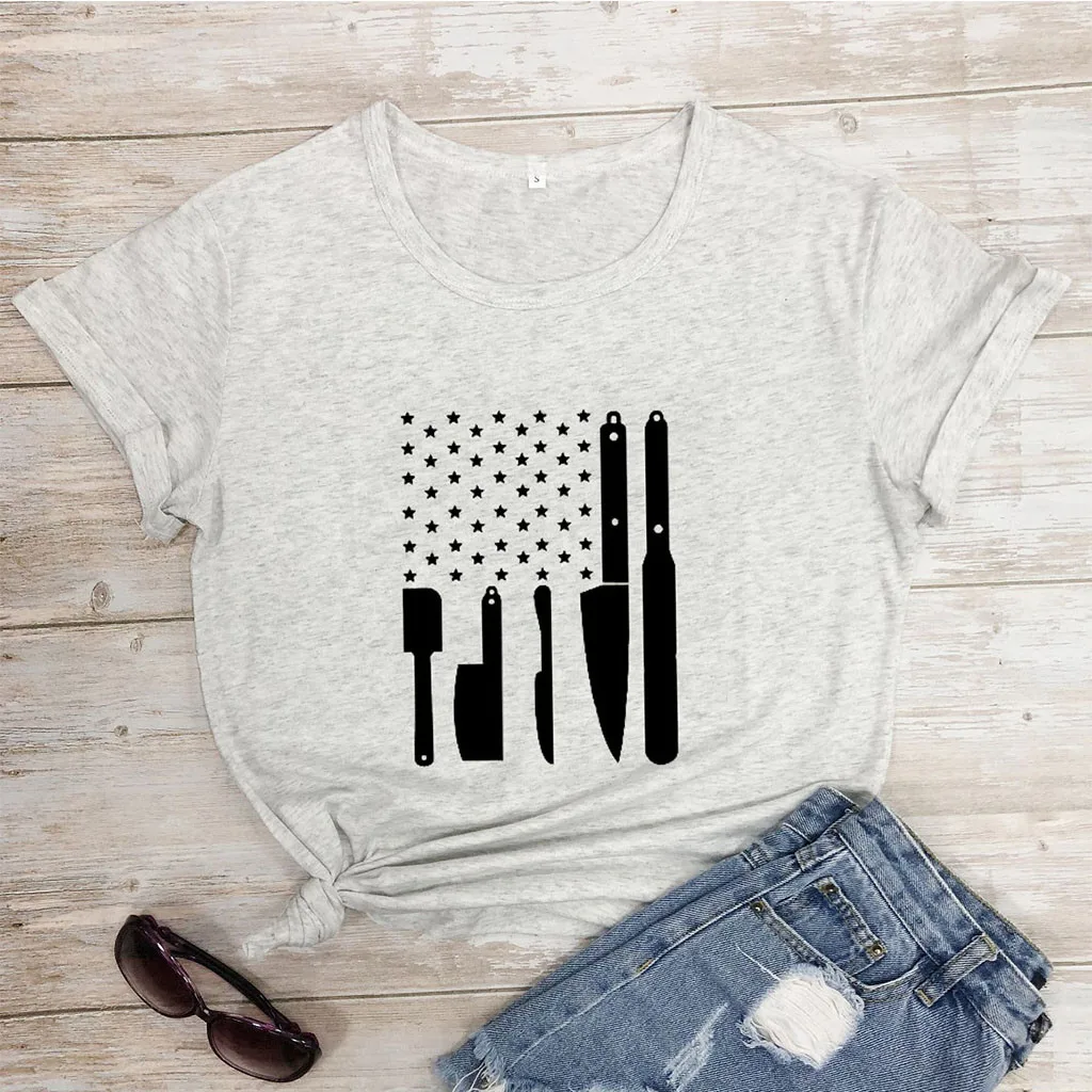 

CHAMSGEND 2020 New Summer Cotton Women T-shirts Creative Funny Stars Striped Printed Street T Shirt Plus Size Mujer Tee Tops F69