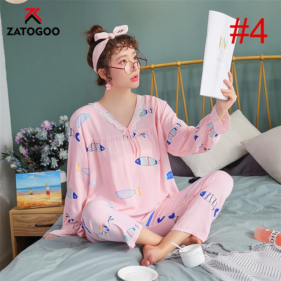 Pattern 4 Осенний тонкий домашний костюм мультфильм Женская пижама с длинным рукавом Цветочный костюм домашний женский милый мягкий удобный пижамный комплект розовый синий - Цвет: Pattern 4