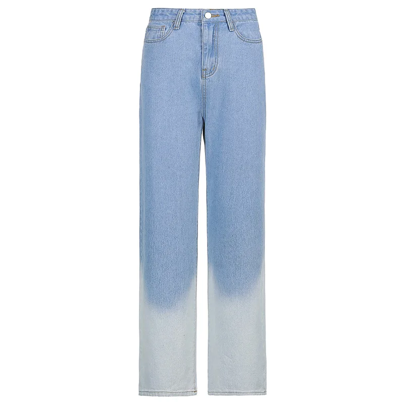 

2021 New Women's Trousers Fashion Tie-dye Blue and White Color Matching Drape Straight Leg Pants Women High Waist Denim Trouser