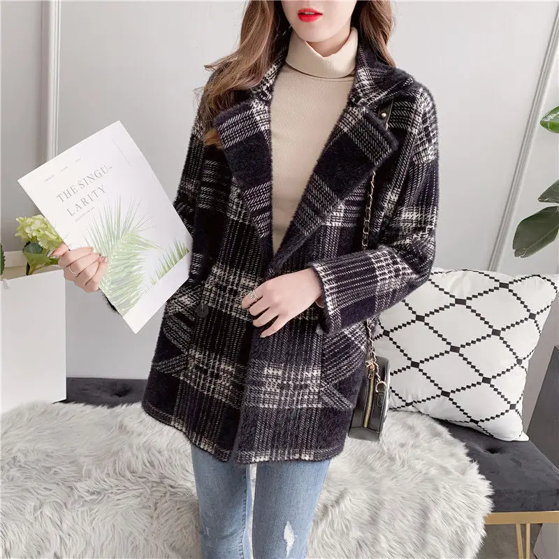 Женский свободный вязаный свитер повседневный плотный теплый кардиган в клетку