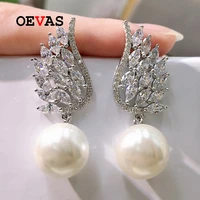 oevas 100 925 sterling silver 12mm pearl high carbon diamond feather drop earrings for women sparkling wedding fine jewelry