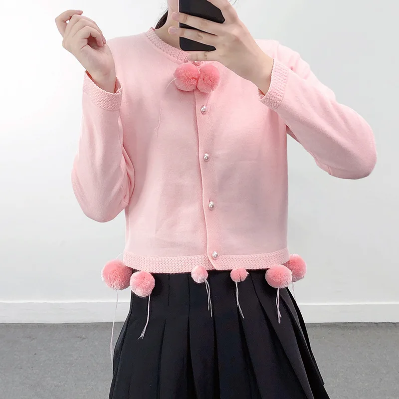 

Tassel Pompom Pink Knit Cropped Cardigan Korea Ladies Fashion Autumn Winter Coat Sweet Women's Clothes Long Sleeve White Sweater
