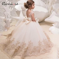 gold lace applique flower girl dresses backless bow girl pageant dress lace applique skirt first communion dress
