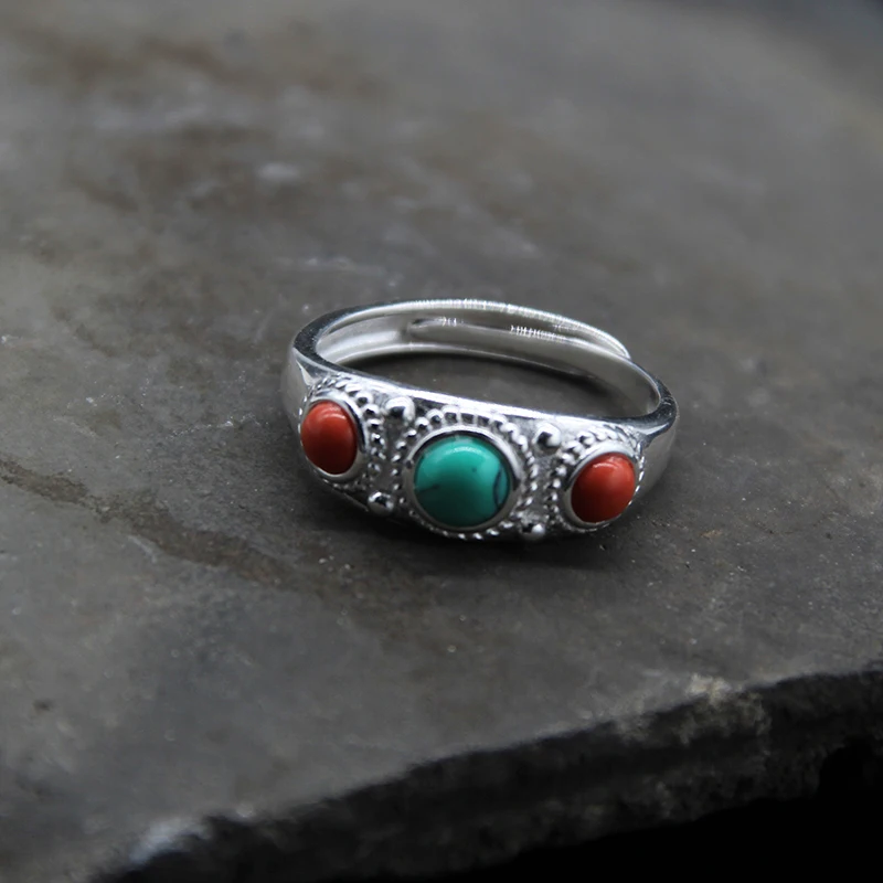 

Ethnic Style Mongolian Element 925 Sterling Silver Ring Tibetan Characteristic Ring Inlaid Turquoise Index Finger Ring