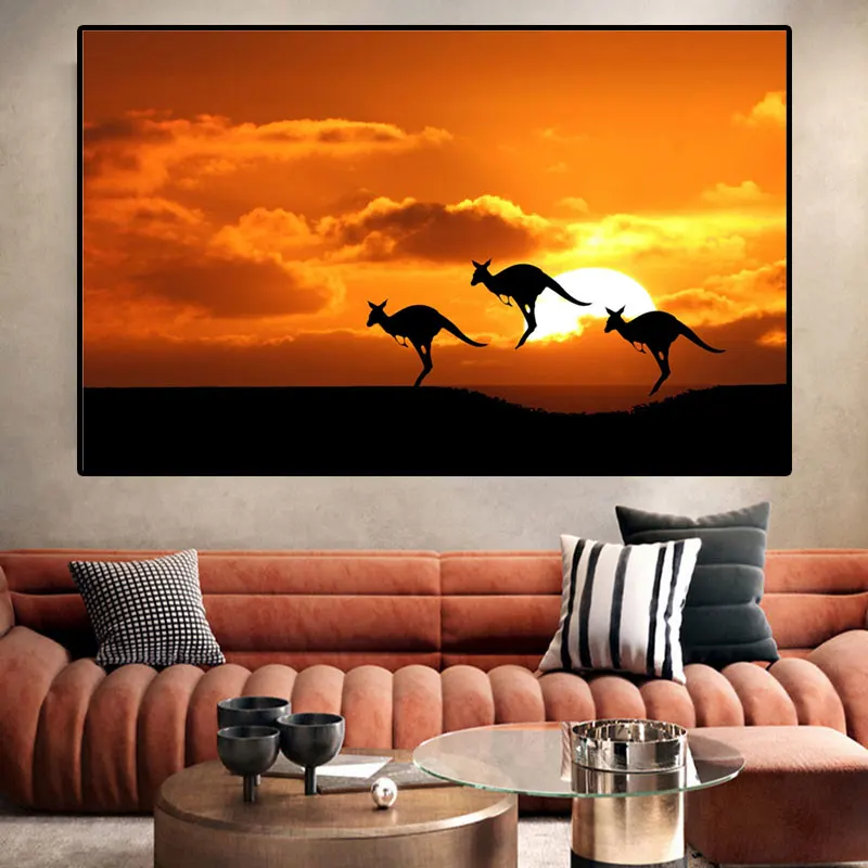 Animals Sunset Running Kangaroo Pictures Canvas Painting Wall Art 