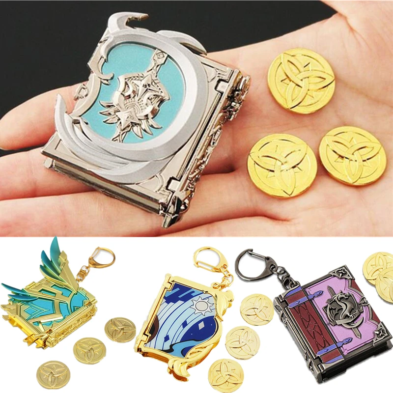 

Game Genshin Impact Catalysts Skyward Atlas The Widsith Cosplay Keychain Pendant Jewelry Alloy Mora Coin Key Chains Toy Prop